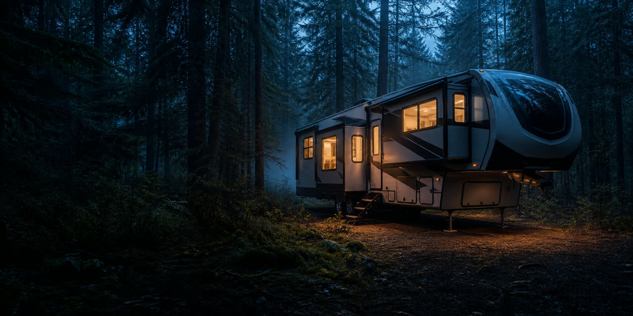 An illuminated fifth-wheel RV parked in a dark evergreen forest at blue hour