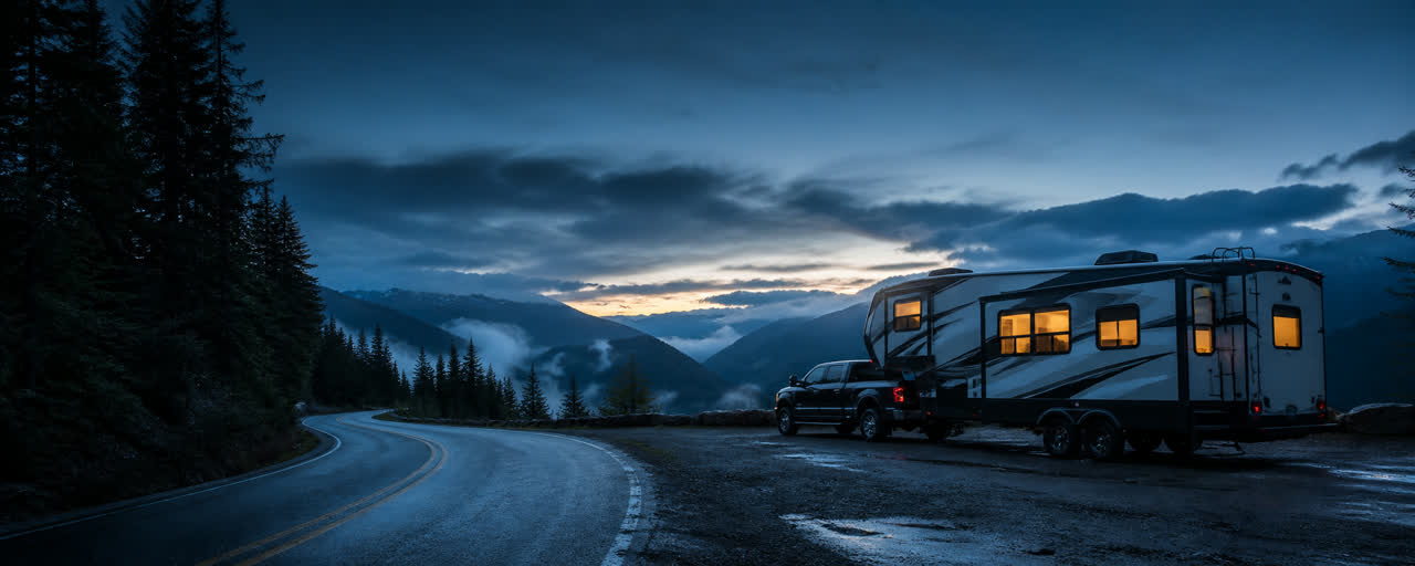 A fifth-wheel RV and pickup at a misty mountain overlook at blue hour